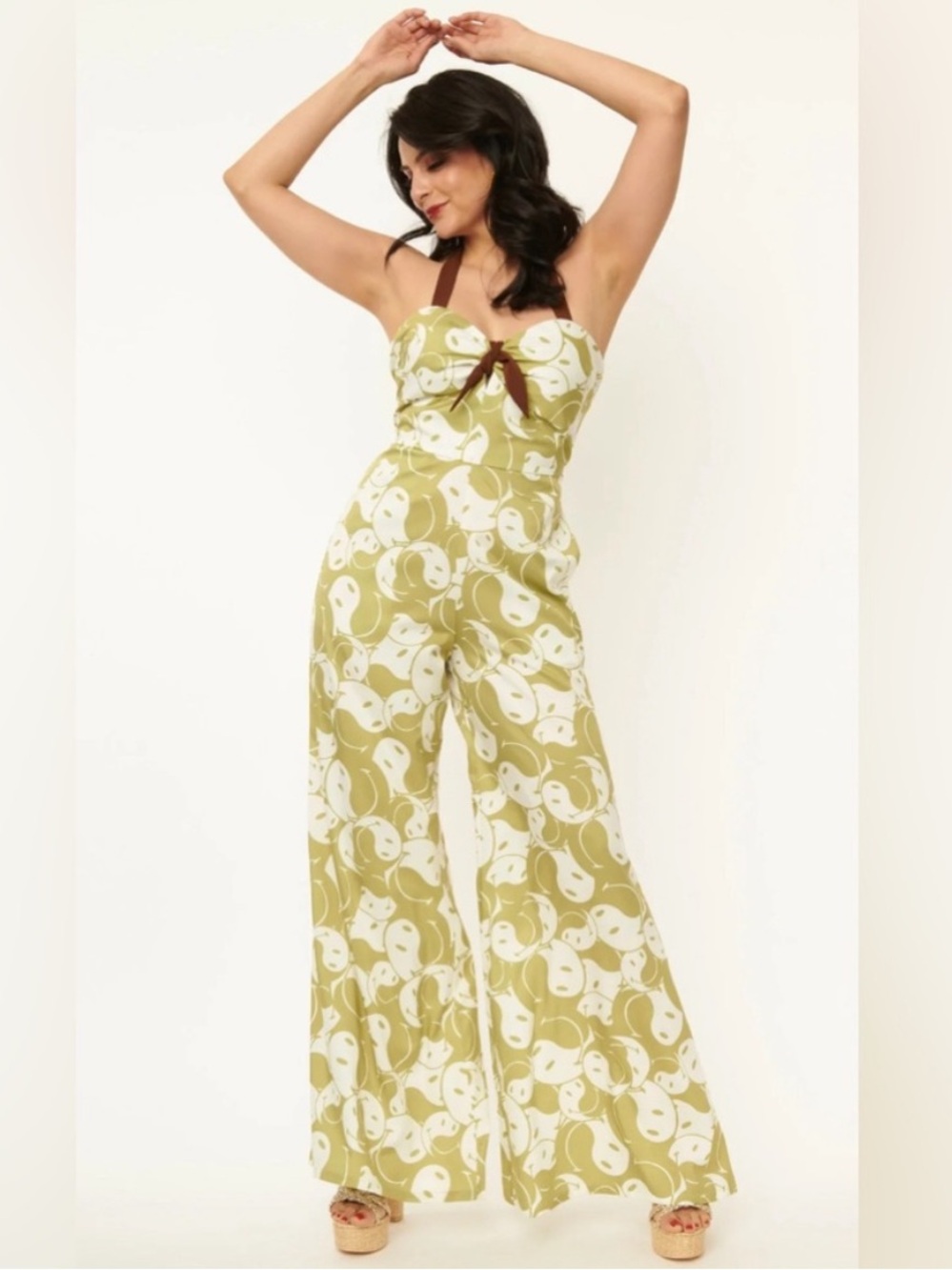 Unique Vintage x Smiley® Green Yin Yang Print Halter Wide Leg Jumpsuit 1X/16